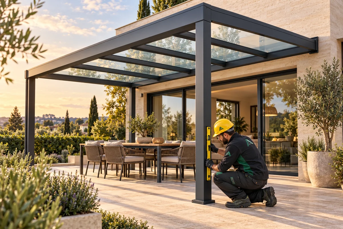 Montador comprobando una pérgola metálica con cubierta de vidrio
