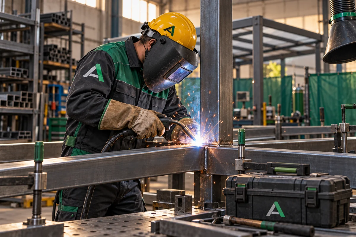 Soldador trabajando en una unión de acero con identidad Aserviceto